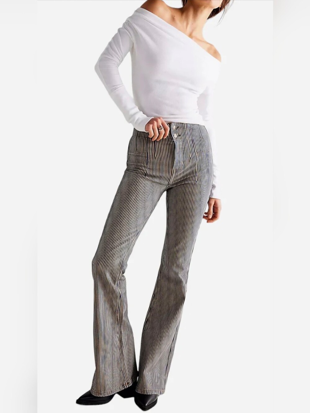 Free People Jayde Railroad Flare Jeans In Train Car Stripe